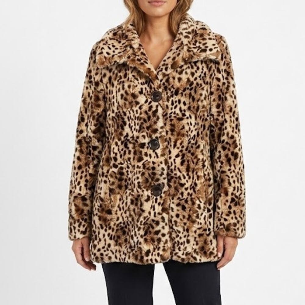 East 5th Faux Fur Leopard Print Coat Women Size M Cheetah Animal Print Jacket